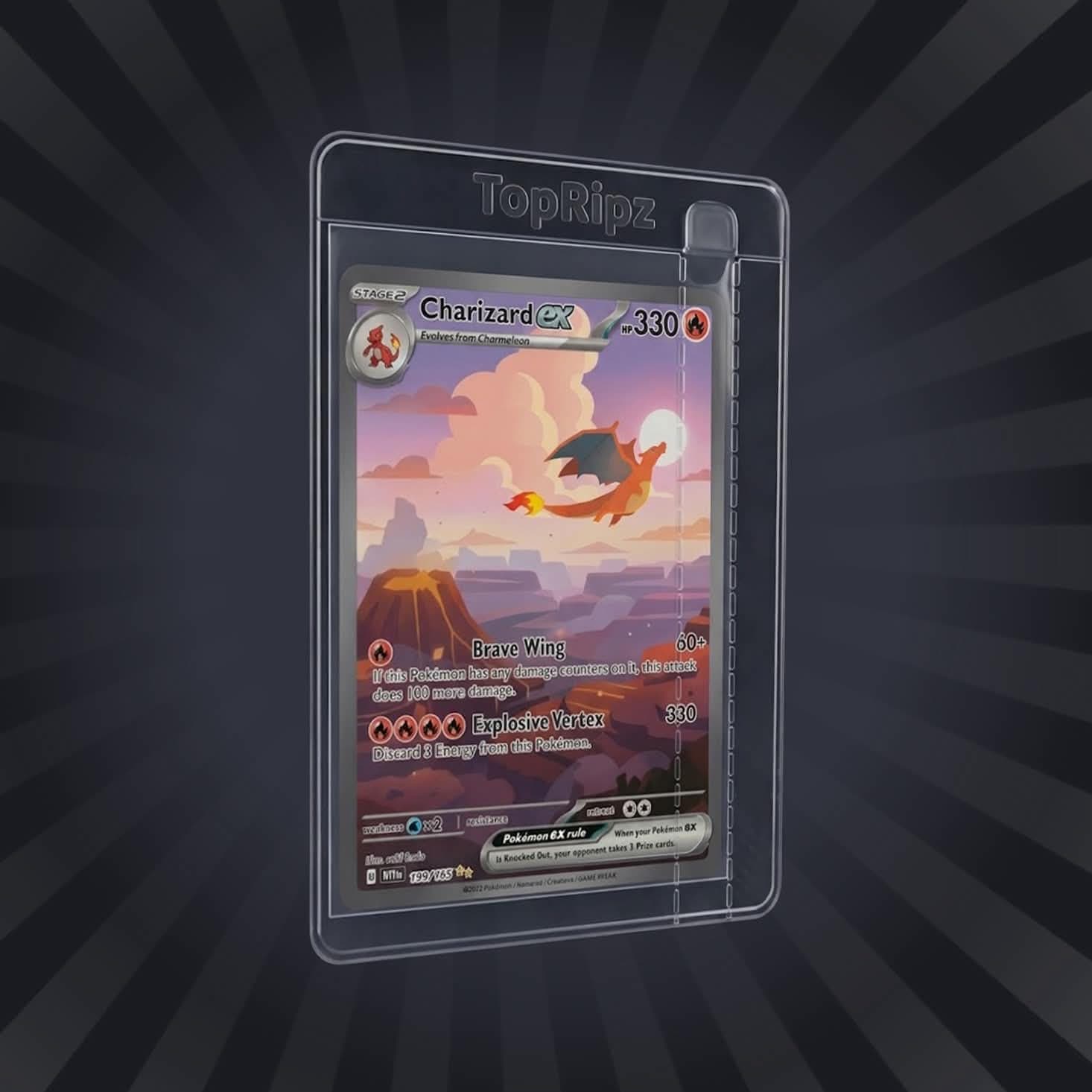 Charizard card in a TopRipz tear-tab sleeve