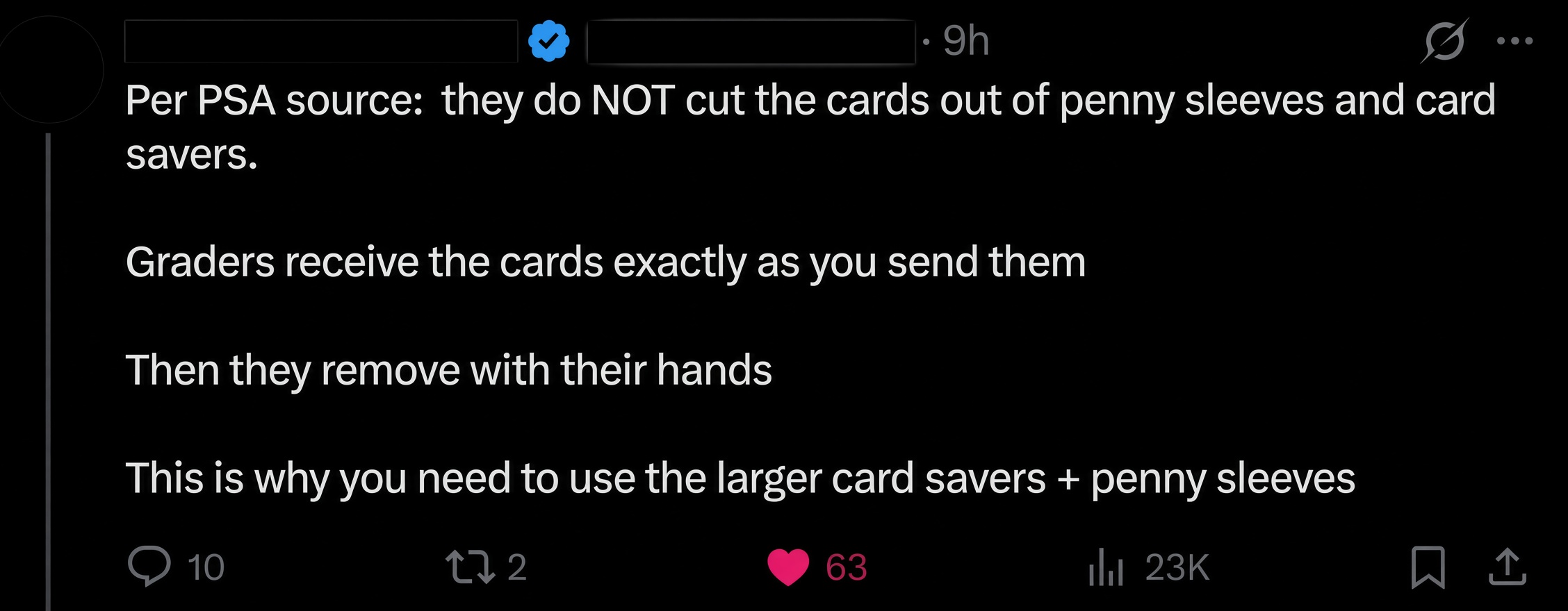 Collector post explaining that graders receive cards as sent